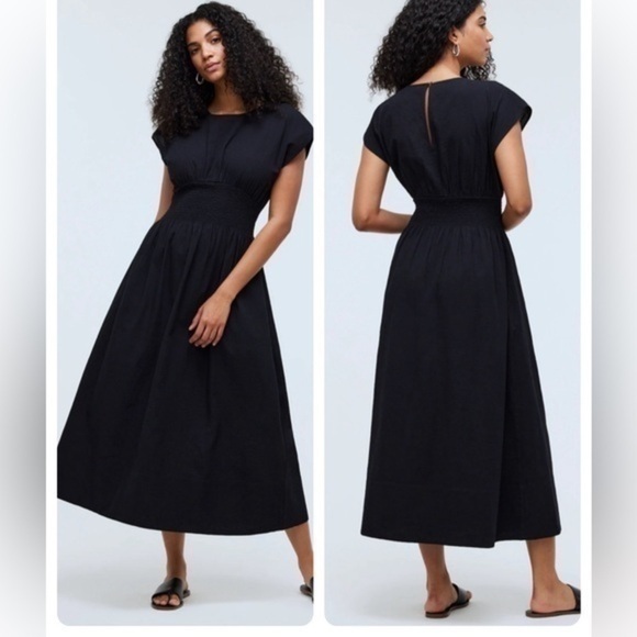 Madewell Dresses & Skirts - Madewell Smocked Waist Midi Dress Stripe Seersucker Linen Blend Black XS NWT